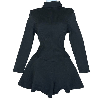 00s Y2K Black Long Sleeve Ribbed A-Line High Neck Clubbing Party Playsuit UK 8