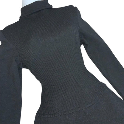 00s Y2K Black Long Sleeve Ribbed A-Line High Neck Clubbing Party Playsuit UK 8