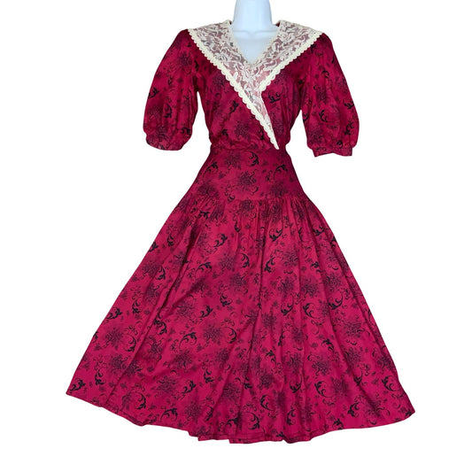 80s 'Gunne Sax' by Jessica McClintock Red Black Floral Ivory Lace Dress UK 6/8