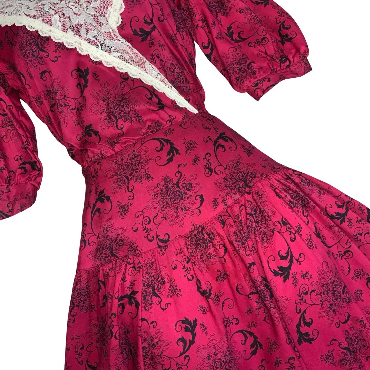 80s 'Gunne Sax' by Jessica McClintock Red Black Floral Ivory Lace Dress UK 6/8