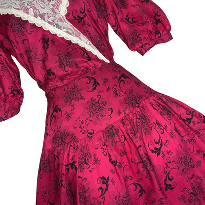 80s 'Gunne Sax' by Jessica McClintock Red Black Floral Ivory Lace Dress UK 6/8