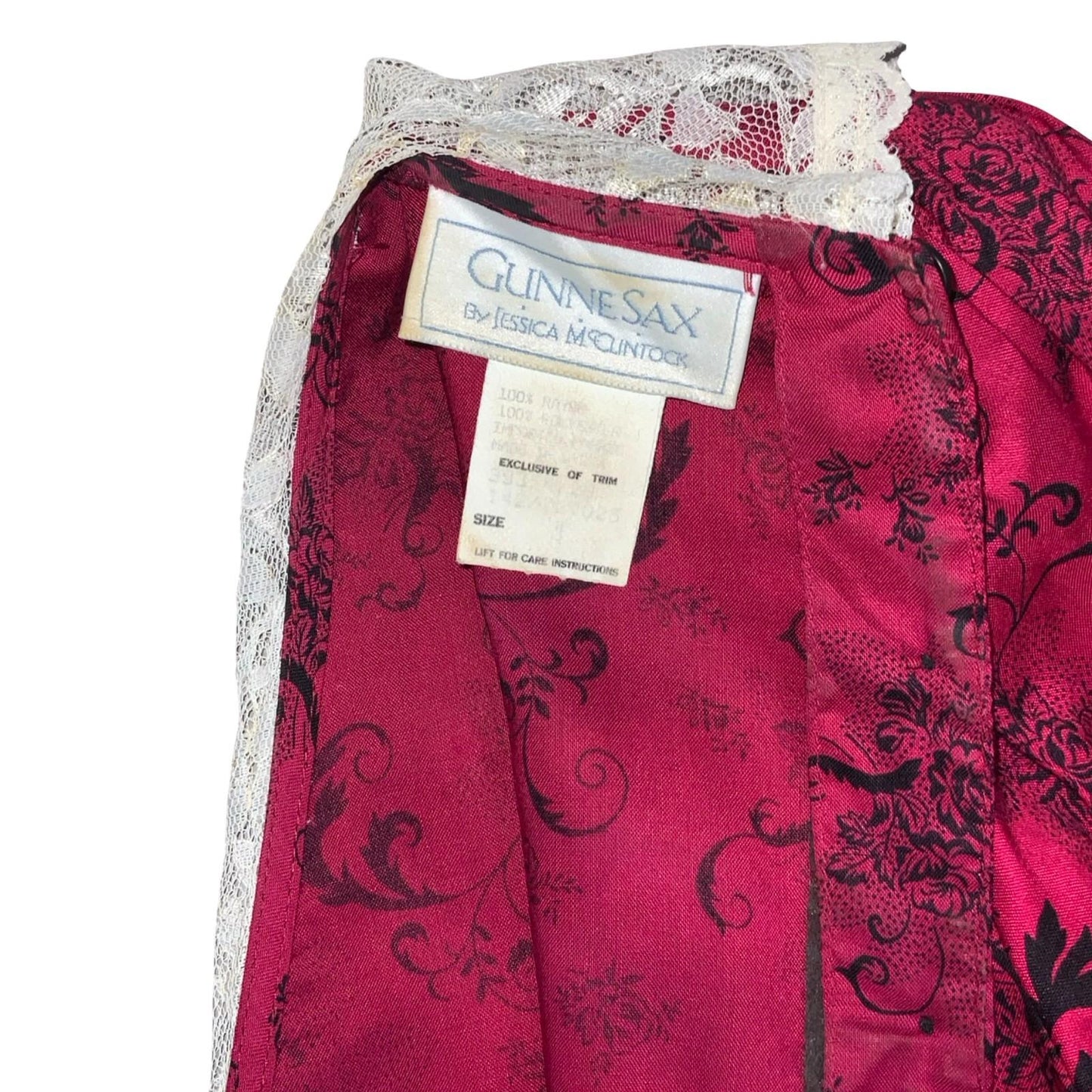 80s 'Gunne Sax' by Jessica McClintock Red Black Floral Ivory Lace Dress UK 6/8