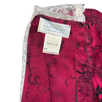 80s 'Gunne Sax' by Jessica McClintock Red Black Floral Ivory Lace Dress UK 6/8