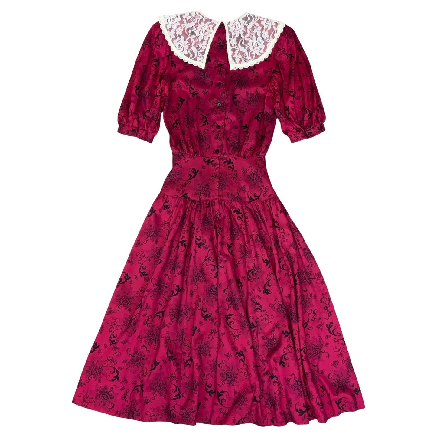 80s 'Gunne Sax' by Jessica McClintock Red Black Floral Ivory Lace Dress UK 6/8