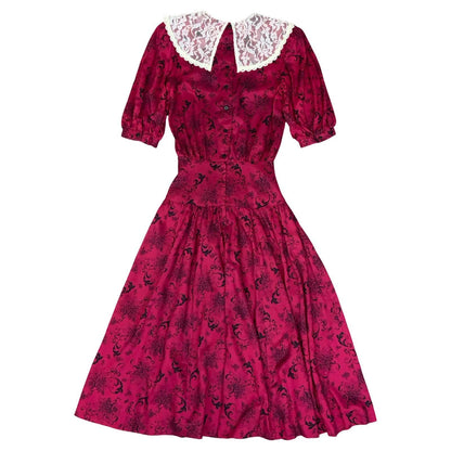 80s 'Gunne Sax' by Jessica McClintock Red Black Floral Ivory Lace Dress UK 6/8
