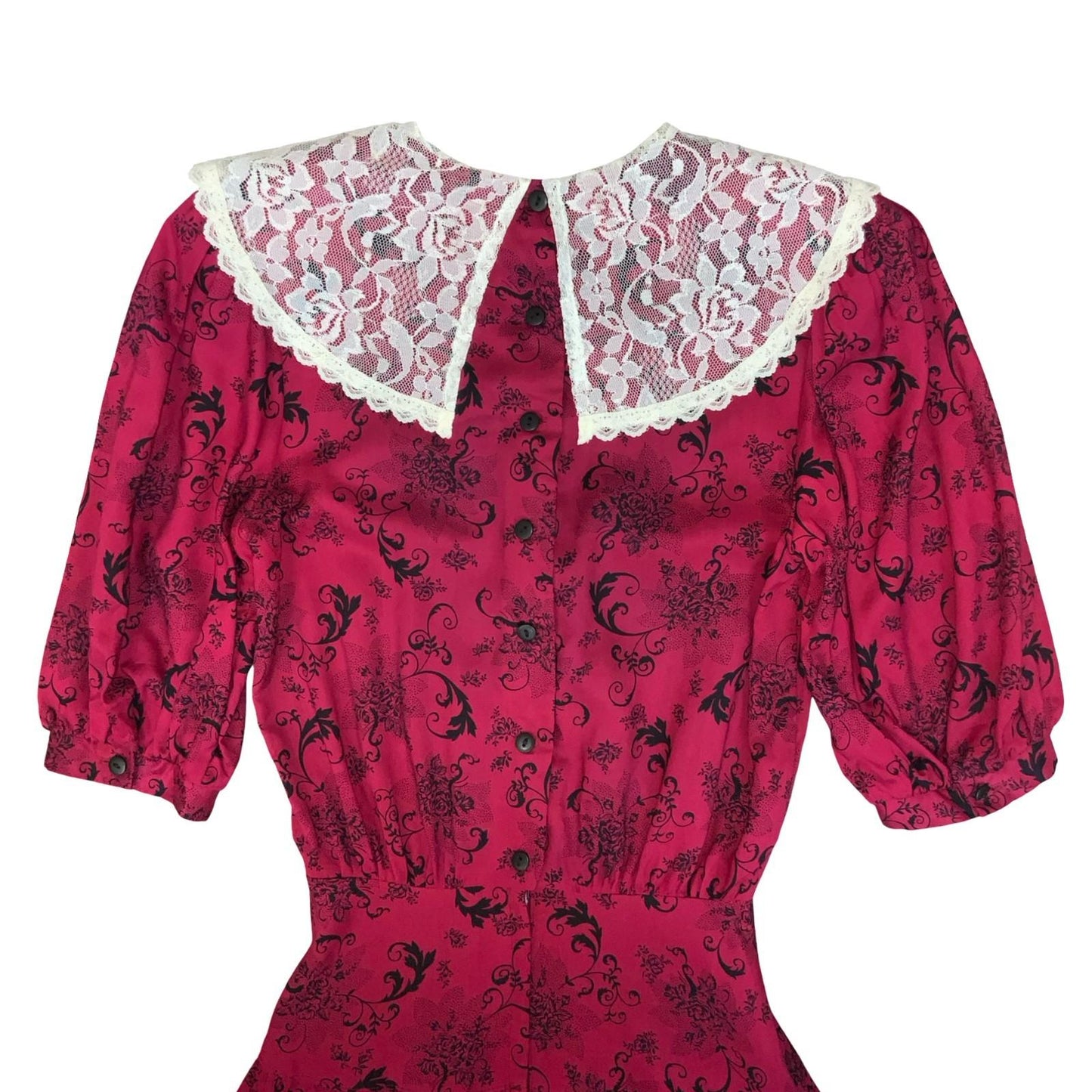 80s 'Gunne Sax' by Jessica McClintock Red Black Floral Ivory Lace Dress UK 6/8