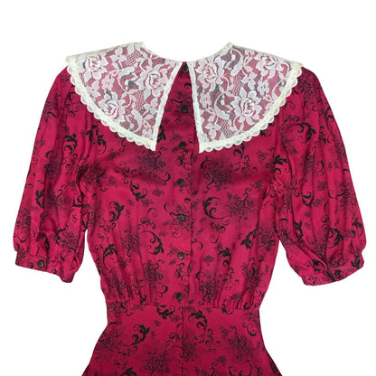 80s 'Gunne Sax' by Jessica McClintock Red Black Floral Ivory Lace Dress UK 6/8