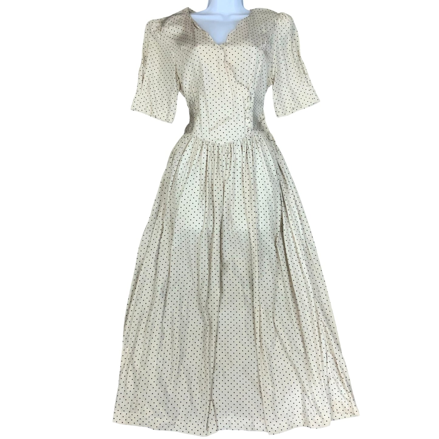 80s 'Laura Ashley' White Blue Polka-Dot Romantic Fitted Aline Midi Dress UK 10