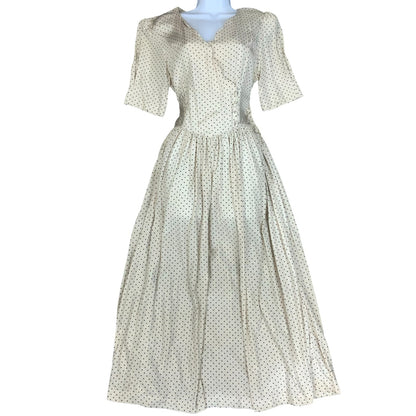 80s 'Laura Ashley' White Blue Polka-Dot Romantic Fitted Aline Midi Dress UK 10