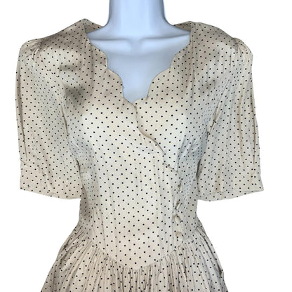 80s 'Laura Ashley' White Blue Polka-Dot Romantic Fitted Aline Midi Dress UK 10