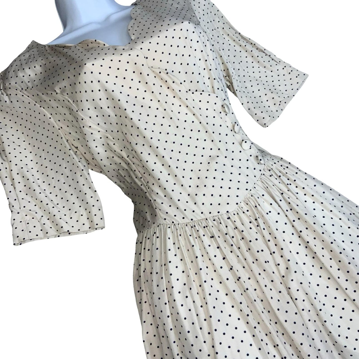 80s 'Laura Ashley' White Blue Polka-Dot Romantic Fitted Aline Midi Dress UK 10