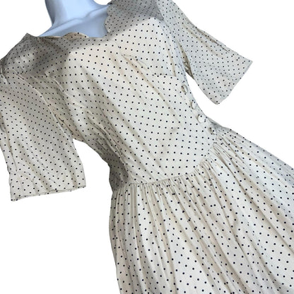 80s 'Laura Ashley' White Blue Polka-Dot Romantic Fitted Aline Midi Dress UK 10