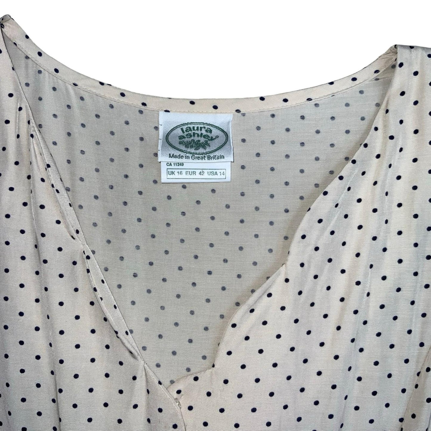 80s 'Laura Ashley' White Blue Polka-Dot Romantic Fitted Aline Midi Dress UK 10