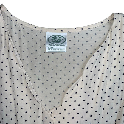 80s 'Laura Ashley' White Blue Polka-Dot Romantic Fitted Aline Midi Dress UK 10