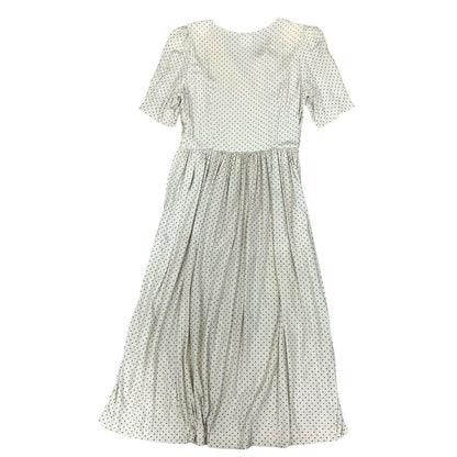 80s 'Laura Ashley' White Blue Polka-Dot Romantic Fitted Aline Midi Dress UK 10