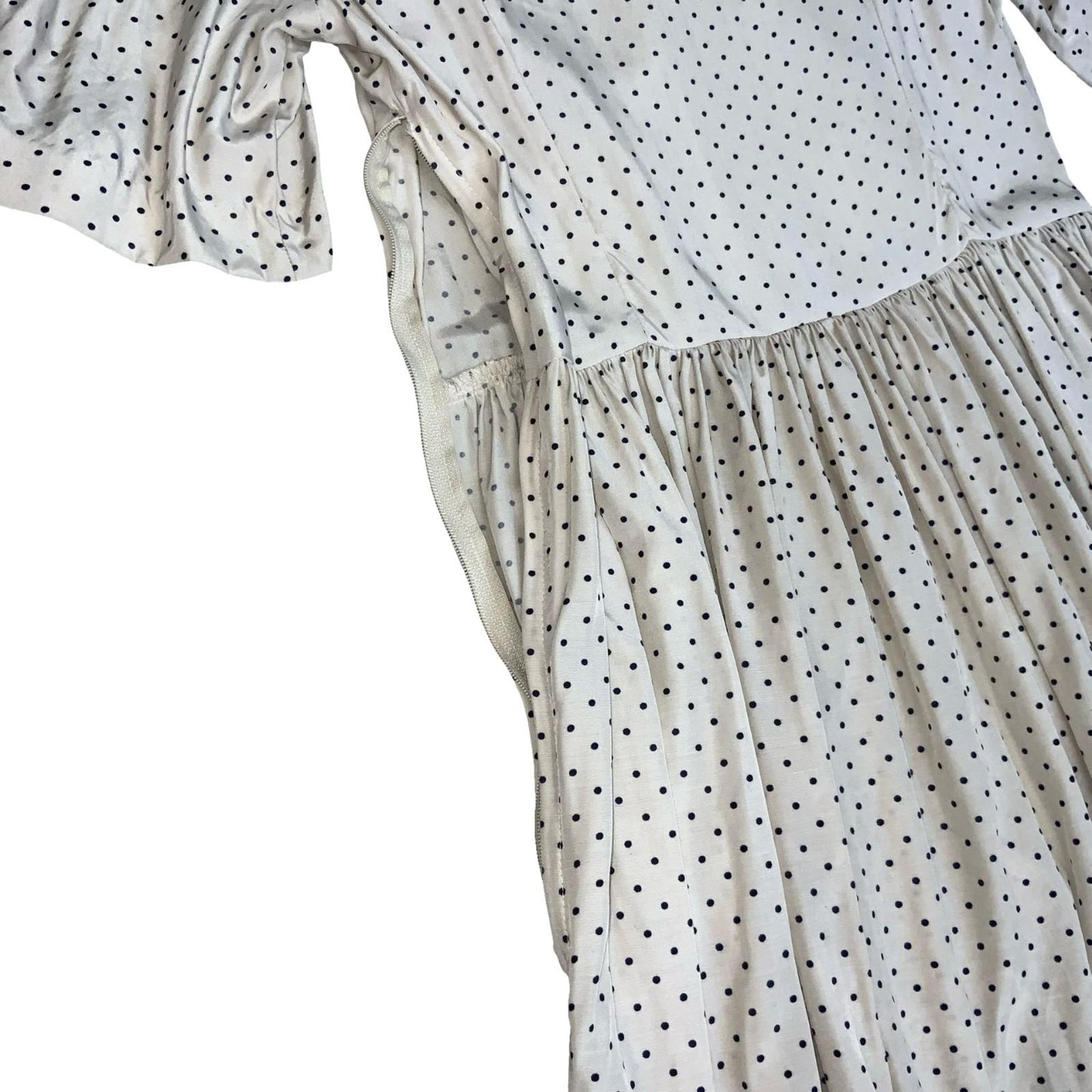80s 'Laura Ashley' White Blue Polka-Dot Romantic Fitted Aline Midi Dress UK 10