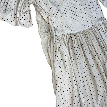 80s 'Laura Ashley' White Blue Polka-Dot Romantic Fitted Aline Midi Dress UK 10