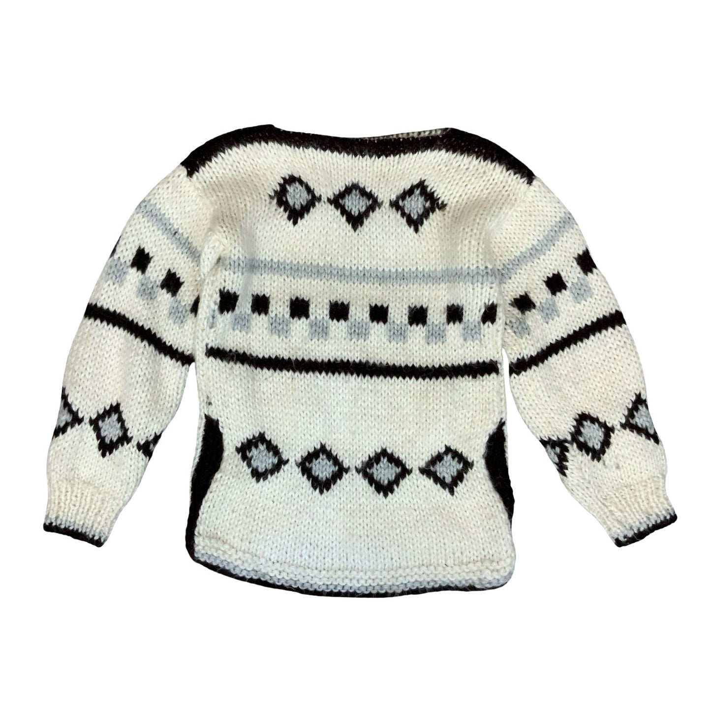 Vtg Chunky Handknit White Black Geometric Pattern Boat Neck Pullover Sweater S