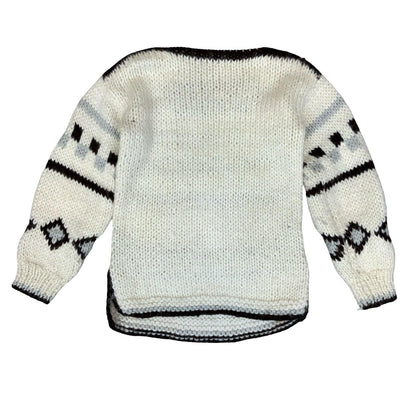 Vtg Chunky Handknit White Black Geometric Pattern Boat Neck Pullover Sweater S
