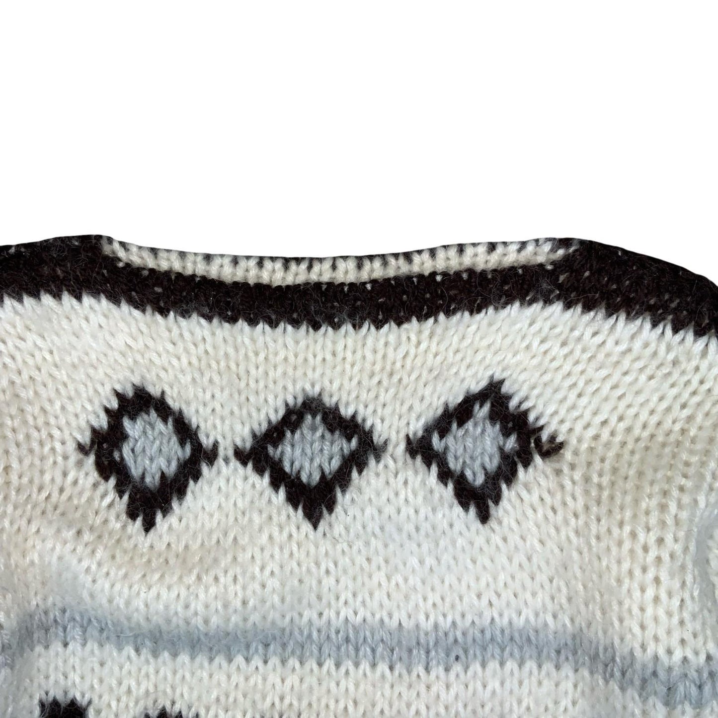 Vtg Chunky Handknit White Black Geometric Pattern Boat Neck Pullover Sweater S