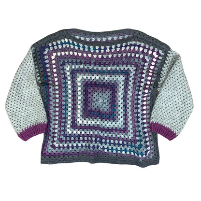 Handmade Multicolour Crochet Purple Grey Blue Granny Square Boxy Boho Sweater L
