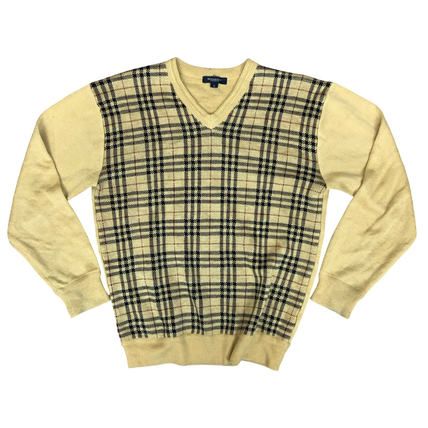 Vtg 00s 'Burberry London' Beige Black Nova Check V-Neck Casual Cotton Sweater M