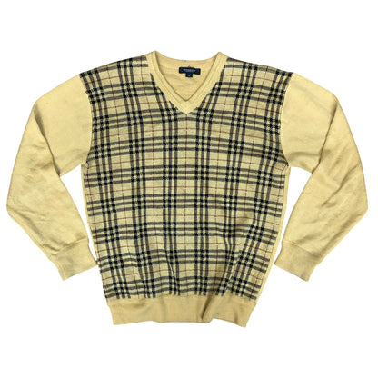 Vtg 00s 'Burberry London' Beige Black Nova Check V-Neck Casual Cotton Sweater M