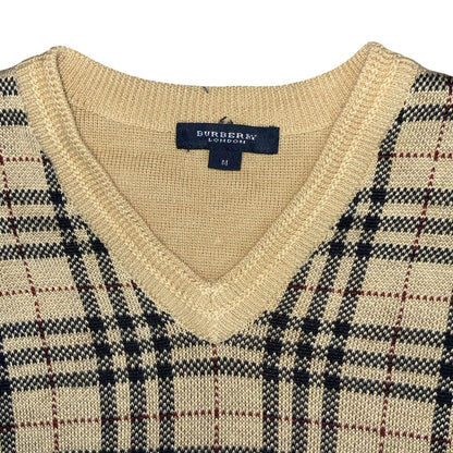 Vtg 00s 'Burberry London' Beige Black Nova Check V-Neck Casual Cotton Sweater M