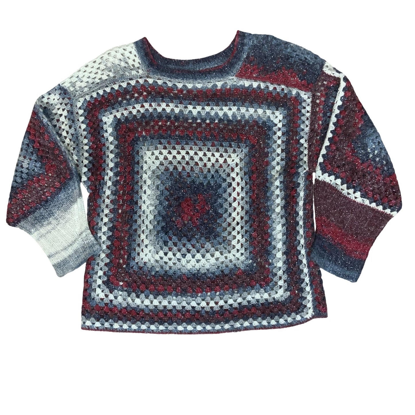 Handmade Multicolour Crochet Grey Purple Red Sparkle Granny Square Sweater M