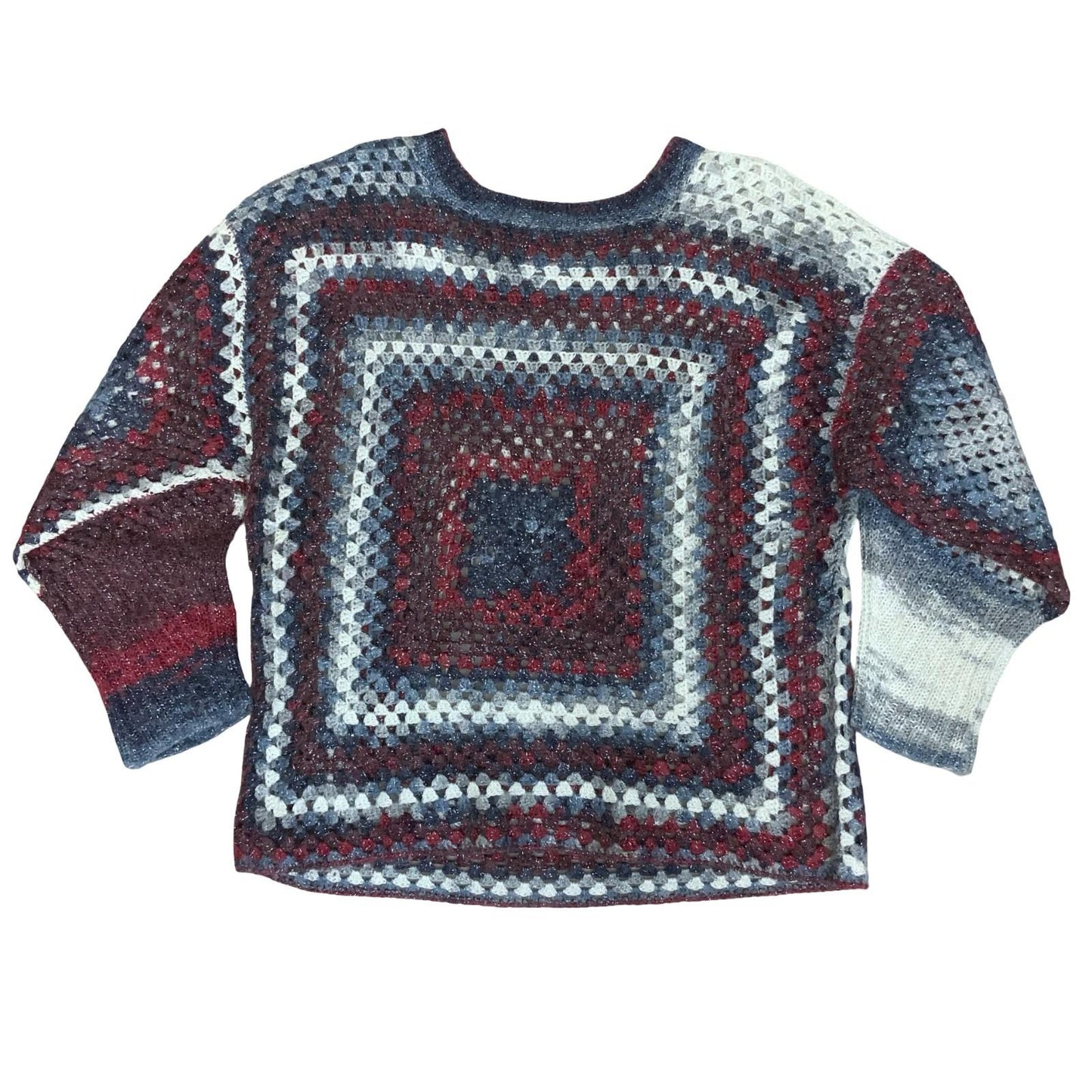 Handmade Multicolour Crochet Grey Purple Red Sparkle Granny Square Sweater M