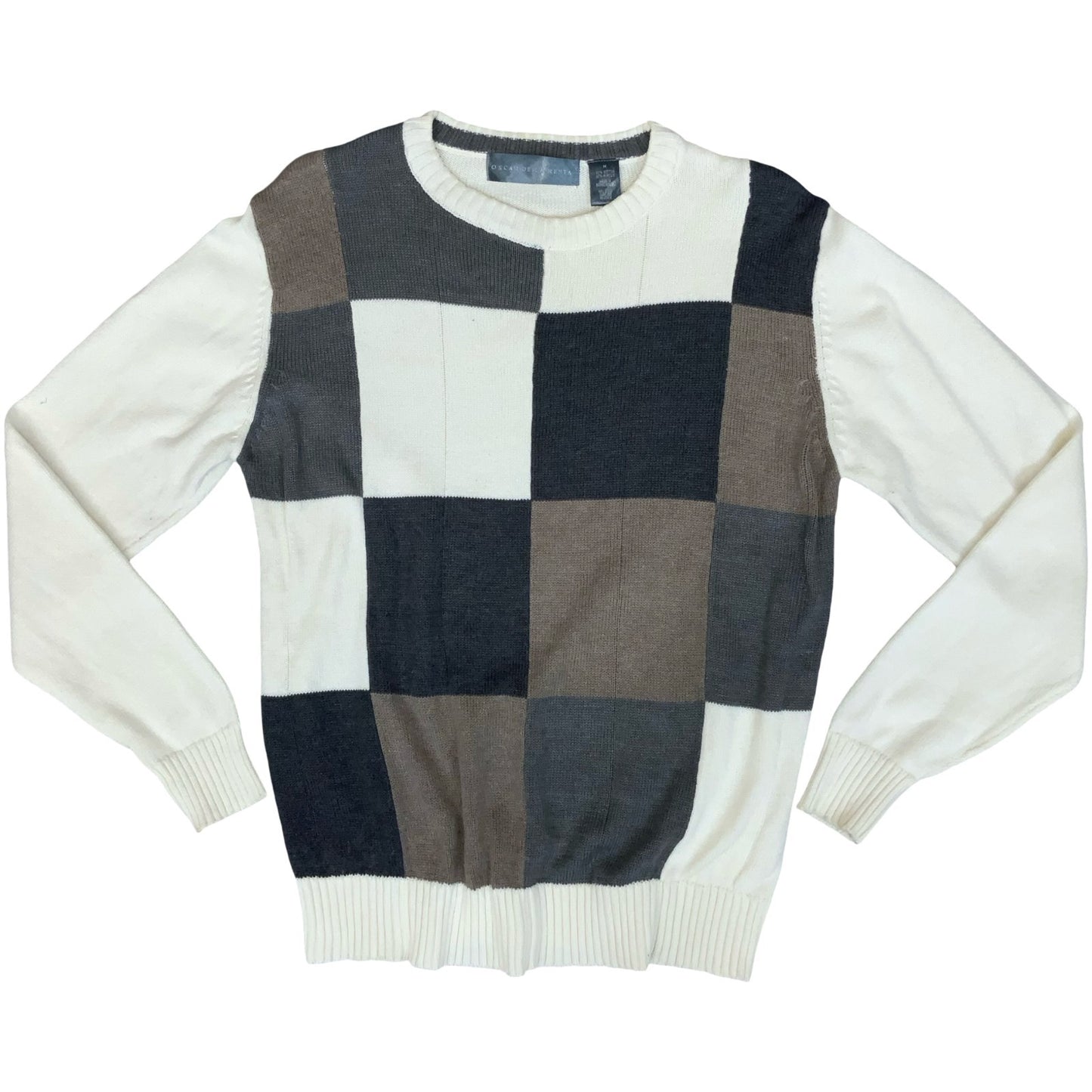 Fall '12 'Oscar de la Renta' Block Check Grey Brown White Cotton Blend Sweater M