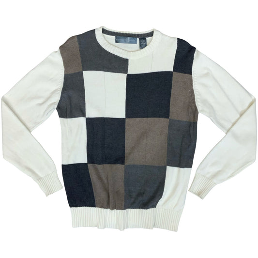 Fall '12 'Oscar de la Renta' Block Check Grey Brown White Cotton Blend Sweater M