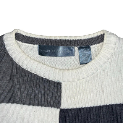 Fall '12 'Oscar de la Renta' Block Check Grey Brown White Cotton Blend Sweater M