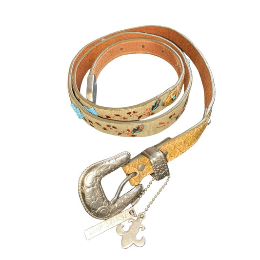 90s y2k 'Friis Company' Beige Brown Floral Embroidered Western Skinny Belt 37"
