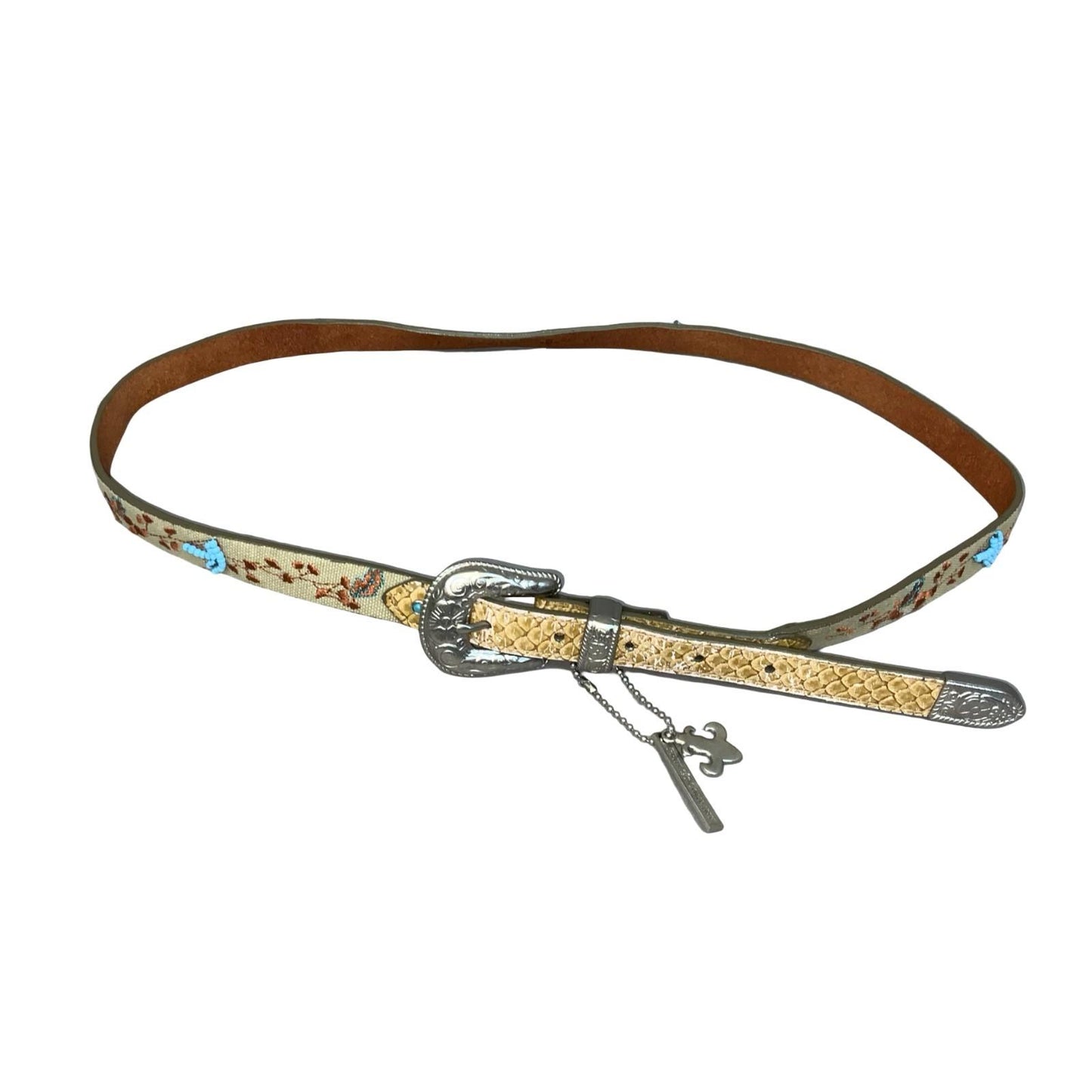 90s y2k 'Friis Company' Beige Brown Floral Embroidered Western Skinny Belt 37"