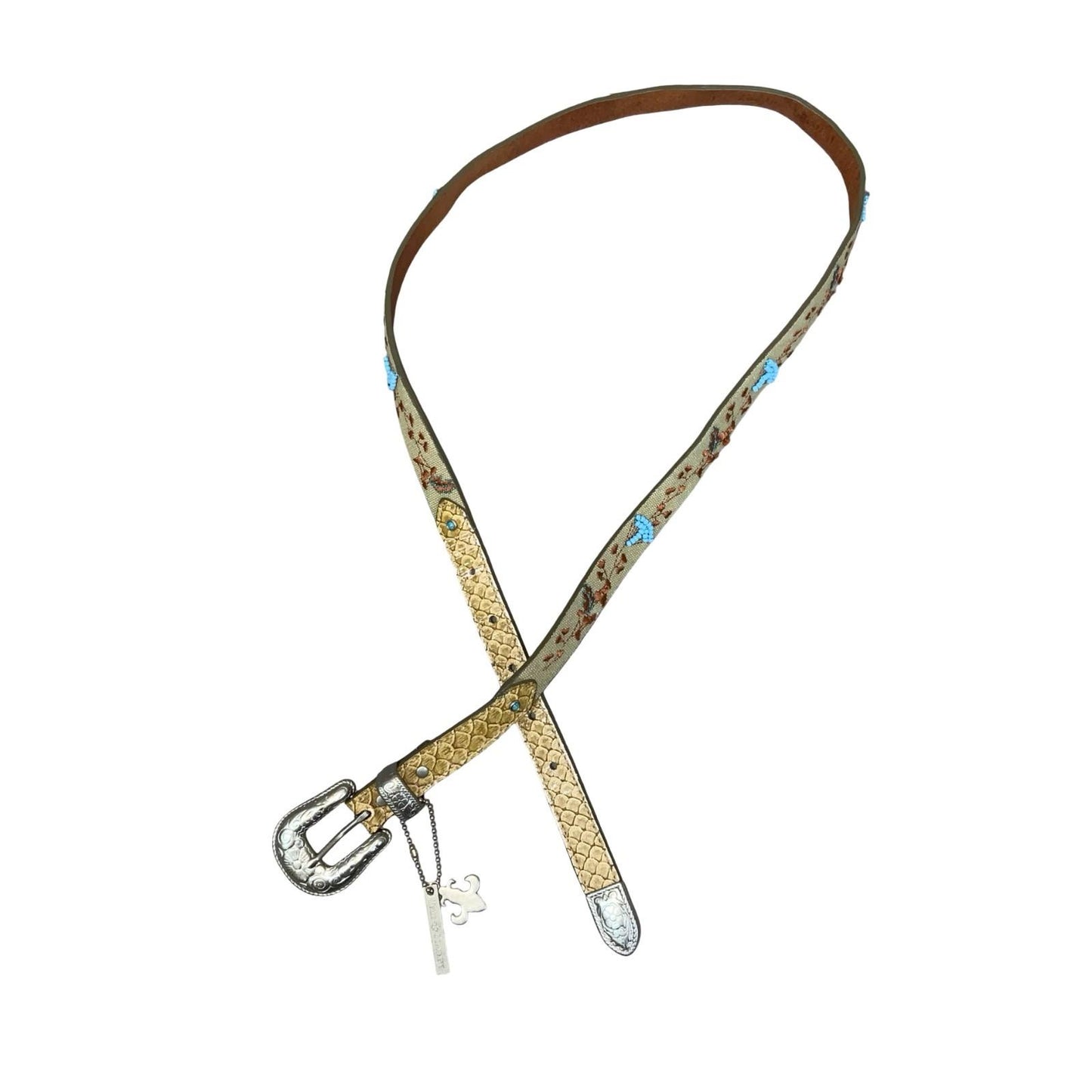 90s y2k 'Friis Company' Beige Brown Floral Embroidered Western Skinny Belt 37"