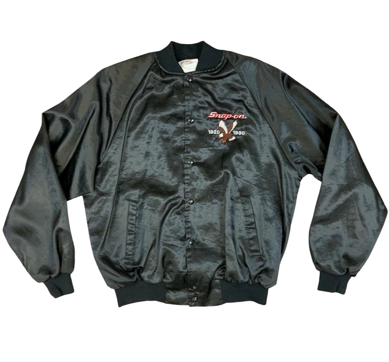Vtg 1990 USA Black Snap-On 70th Anniversary Embroidered Silky Varsity Jacket L