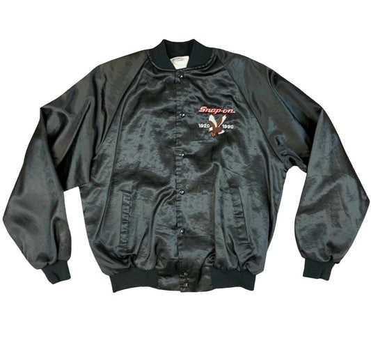 Vtg 1990 USA Black Snap-On 70th Anniversary Embroidered Silky Varsity Jacket L