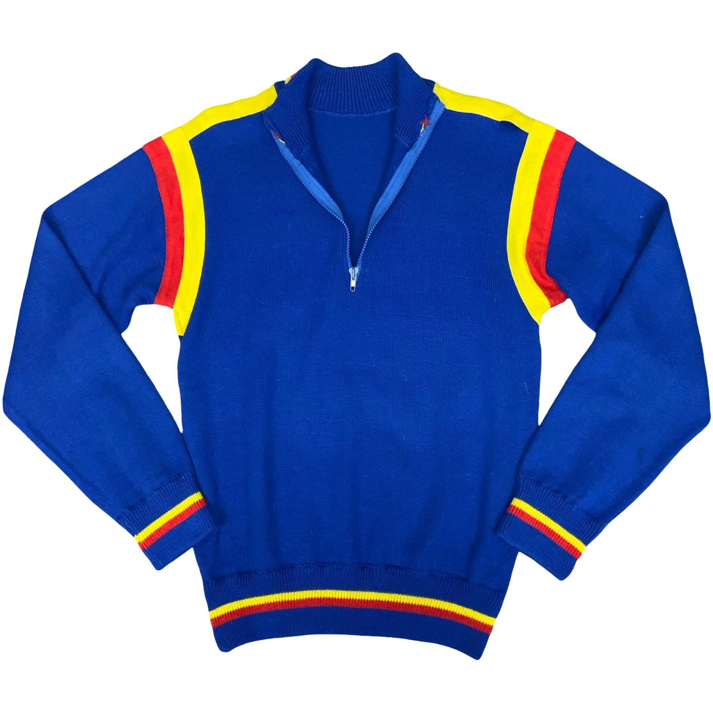 70s 'Enry Sport' Italian Blue Yellow Red Athletic 1/4 Zip Chainstitch Sweater S