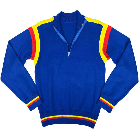 70s 'Enry Sport' Italian Blue Yellow Red Athletic 1/4 Zip Chainstitch Sweater S