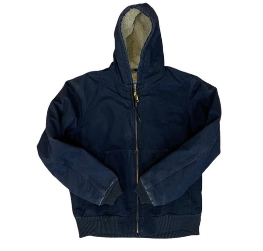 Vtg Carhartt Navy Blue Hooded Heavy Duck Canvas Workwear Jacket Fleece Lined XL