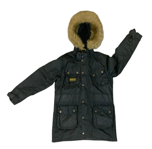 Childs Barbour Boys International Parka Wax Cotton Motorcycle Jacket Hooded M