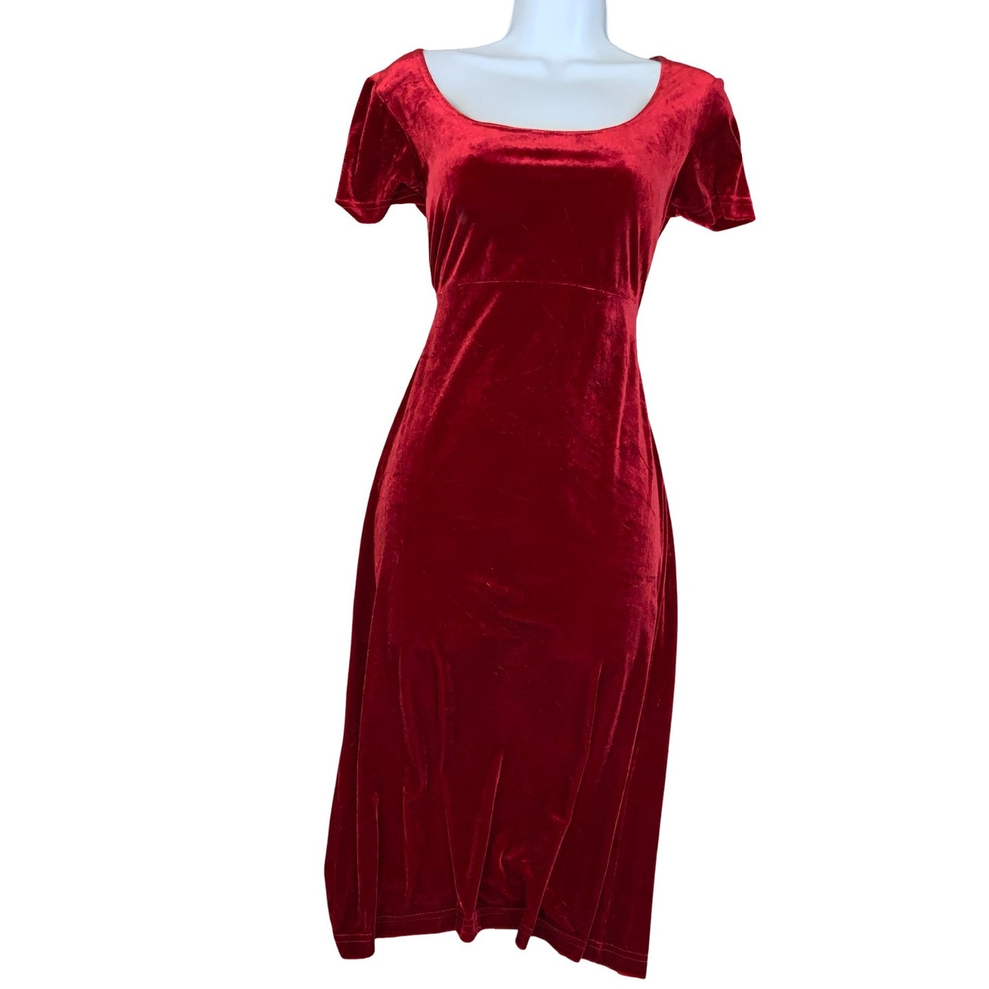Vtg 90s 'Maggy London' Red Velvet Scoop Neckline Short Sleeve Midi Dress UK 10
