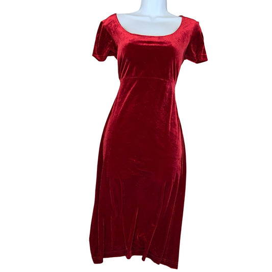 Vtg 90s 'Maggy London' Red Velvet Scoop Neckline Short Sleeve Midi Dress UK 10