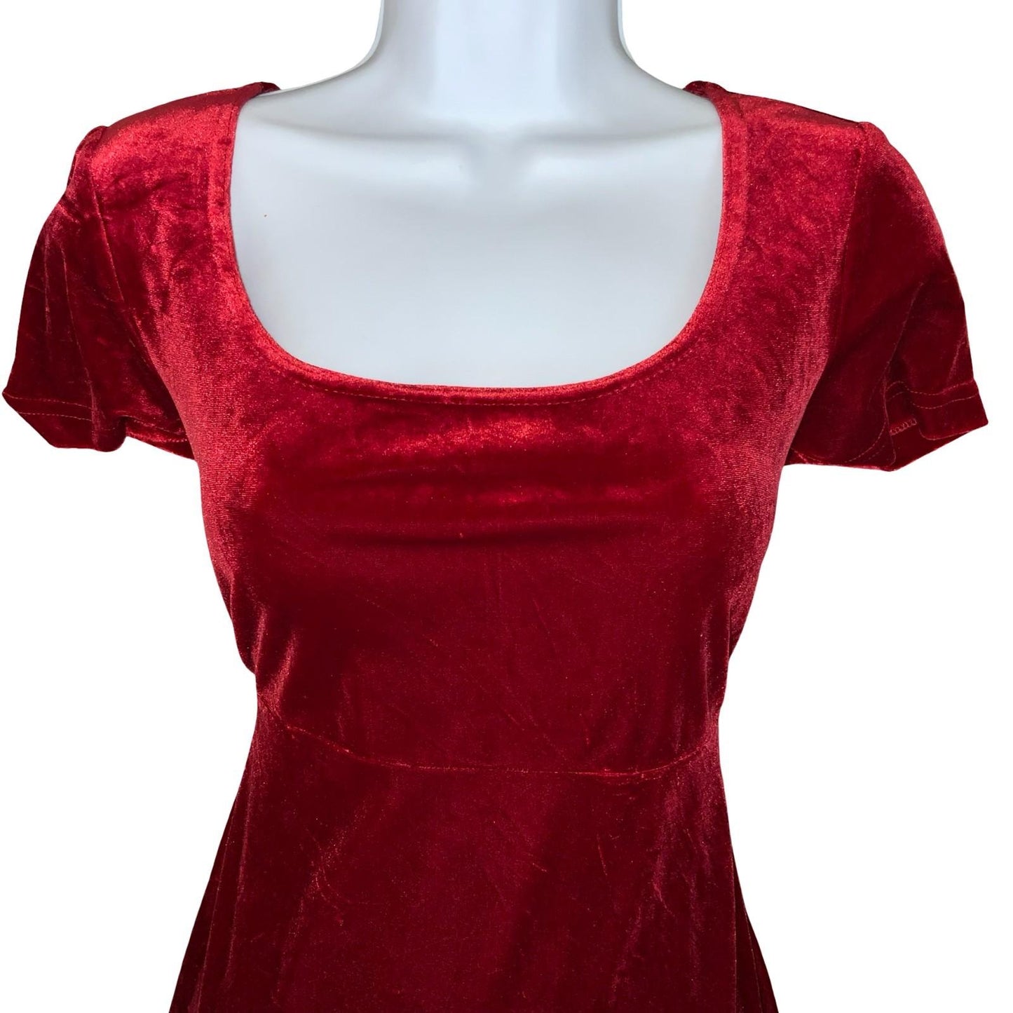 Vtg 90s 'Maggy London' Red Velvet Scoop Neckline Short Sleeve Midi Dress UK 10