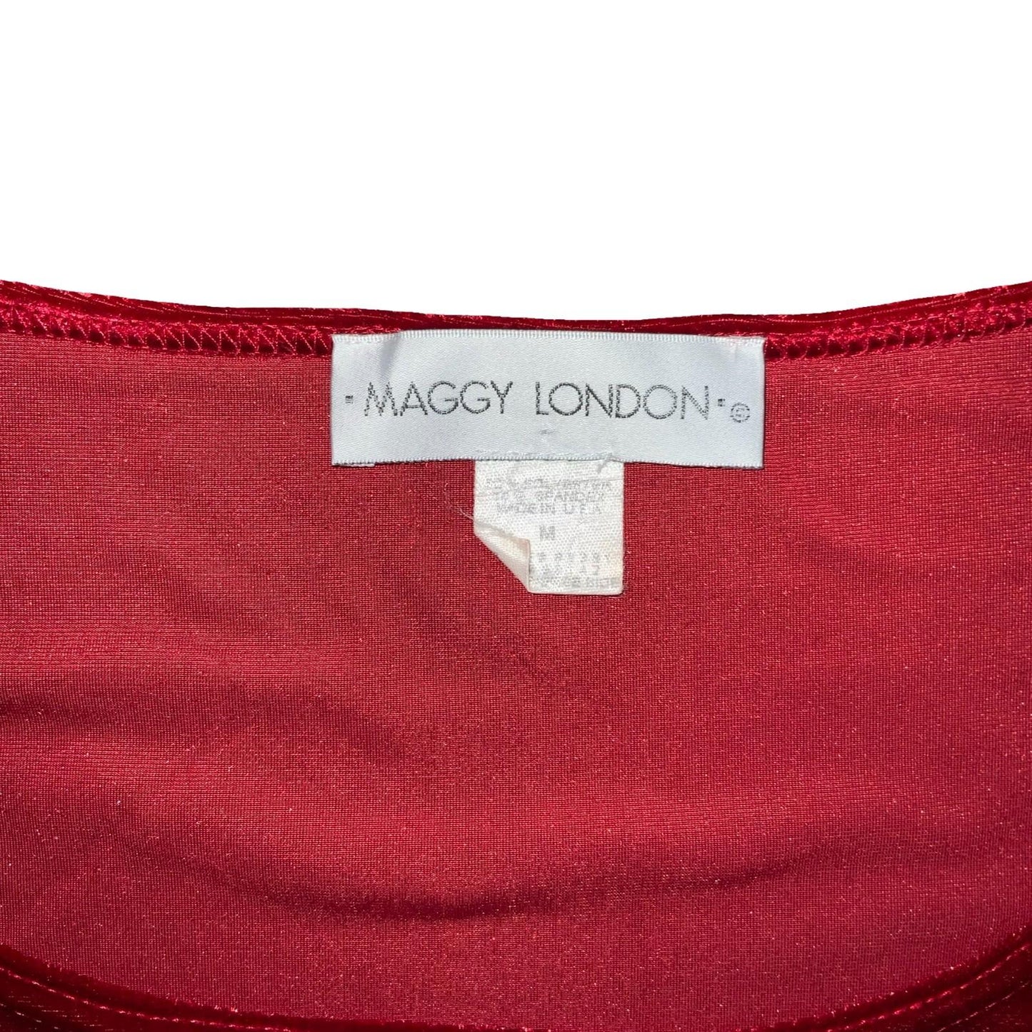 Vtg 90s 'Maggy London' Red Velvet Scoop Neckline Short Sleeve Midi Dress UK 10