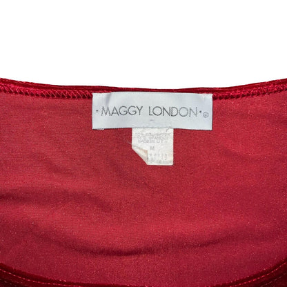 Vtg 90s 'Maggy London' Red Velvet Scoop Neckline Short Sleeve Midi Dress UK 10