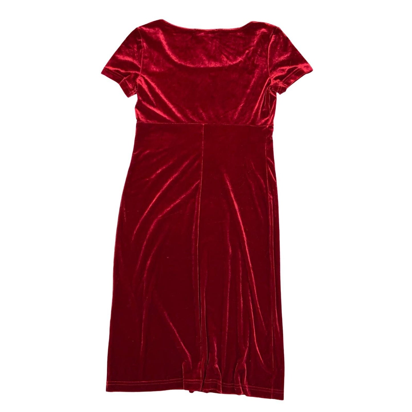 Vtg 90s 'Maggy London' Red Velvet Scoop Neckline Short Sleeve Midi Dress UK 10