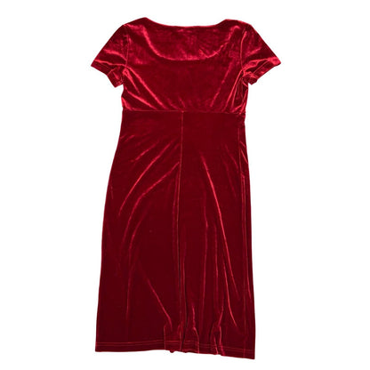 Vtg 90s 'Maggy London' Red Velvet Scoop Neckline Short Sleeve Midi Dress UK 10
