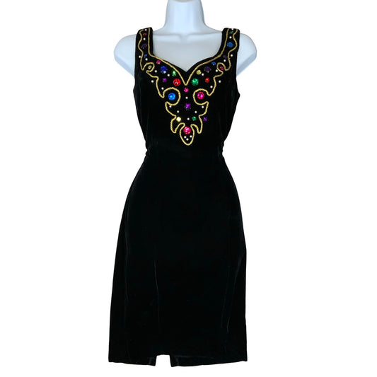 Vtg 'Karen Lucas' for Niki Black Embellished Cocktail Party Velvet Dress UK 4